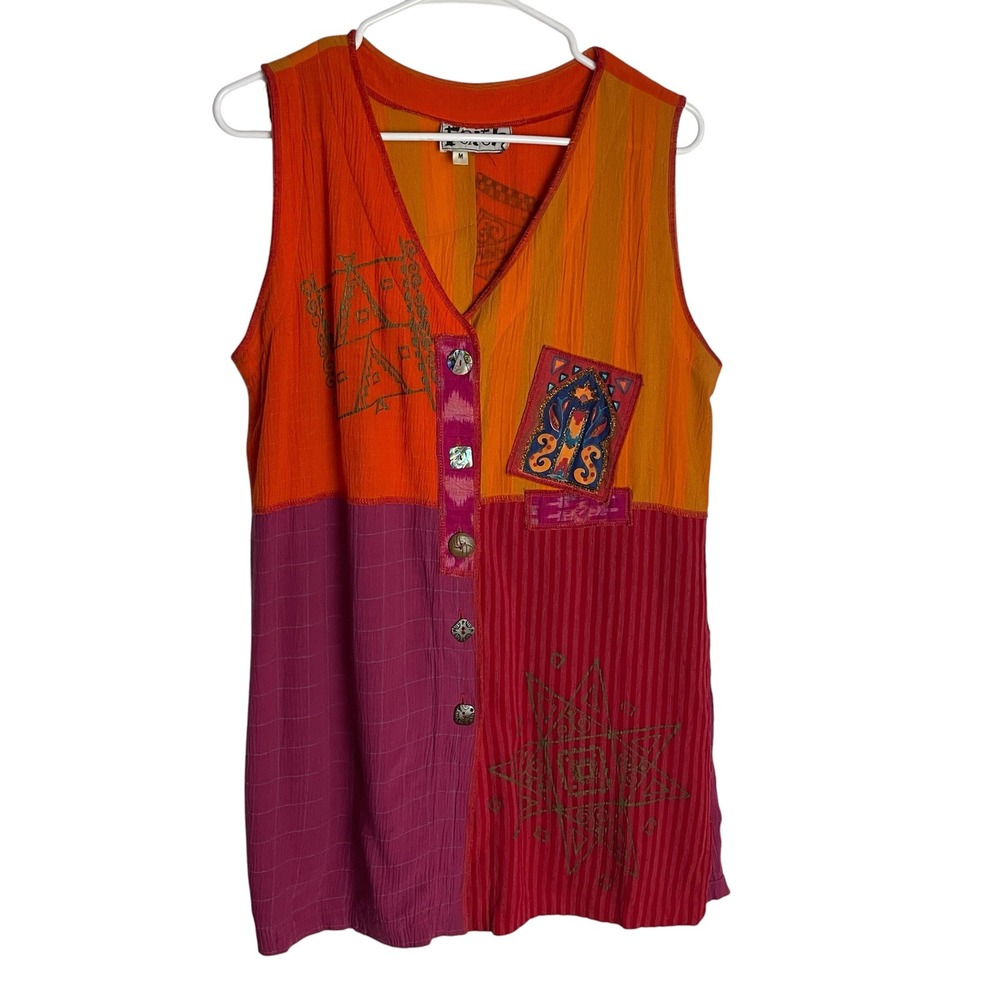 Faith Womens Patchwork Hamsa Tunic Vest Size M Orange Boho Beaded Art to Wear
